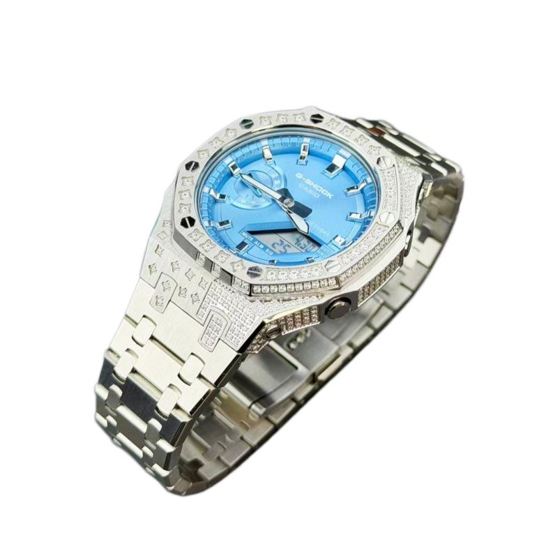 CASIO Customized watch modified series laser ice blue hand-set star diamond engraving presbyopia electroplating bright silver GA-2100BM