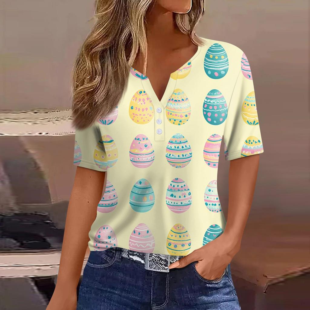 Women's T Shirt Print Button Short Sleeve Daily Weekend Fashion Basic V- Neck Regular Top