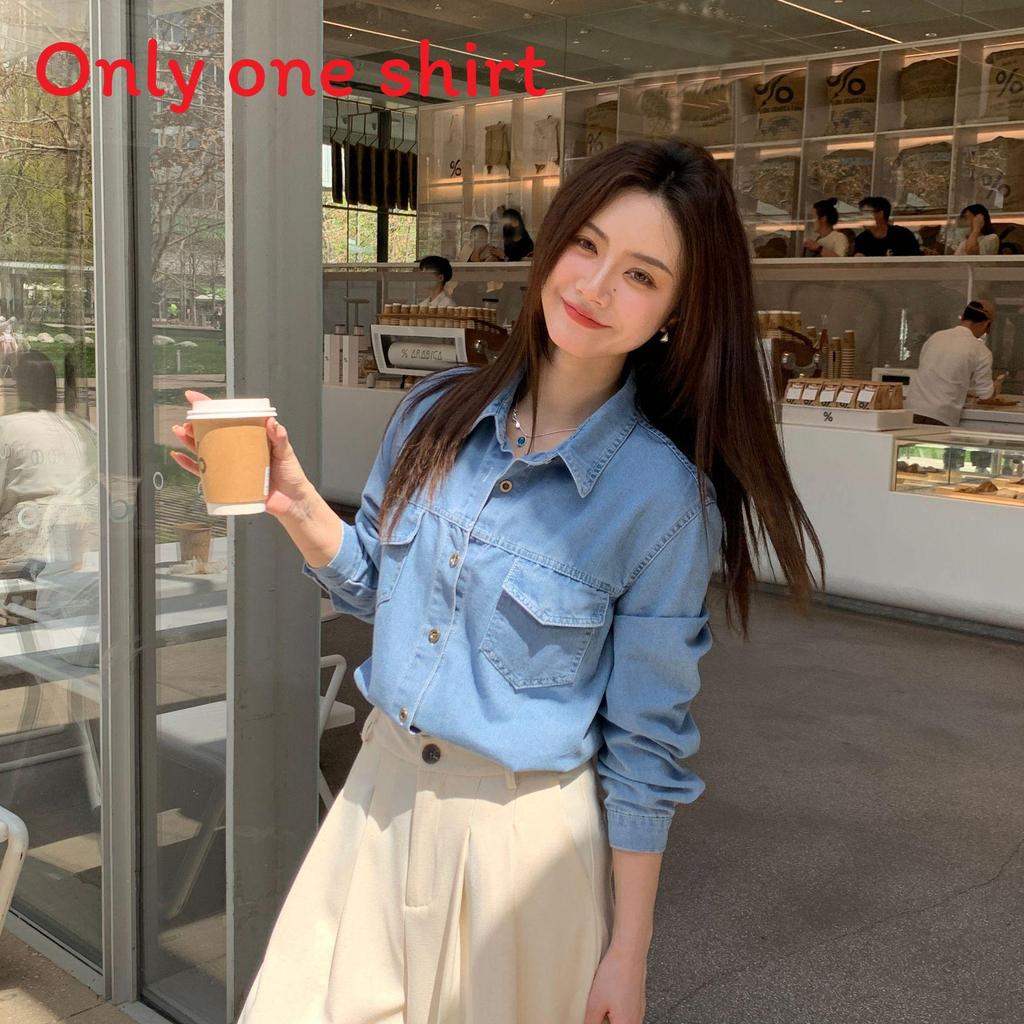 Retro Navy Denim Shirt For Women With Long Sleeves And Pockets For Casual Office Wear