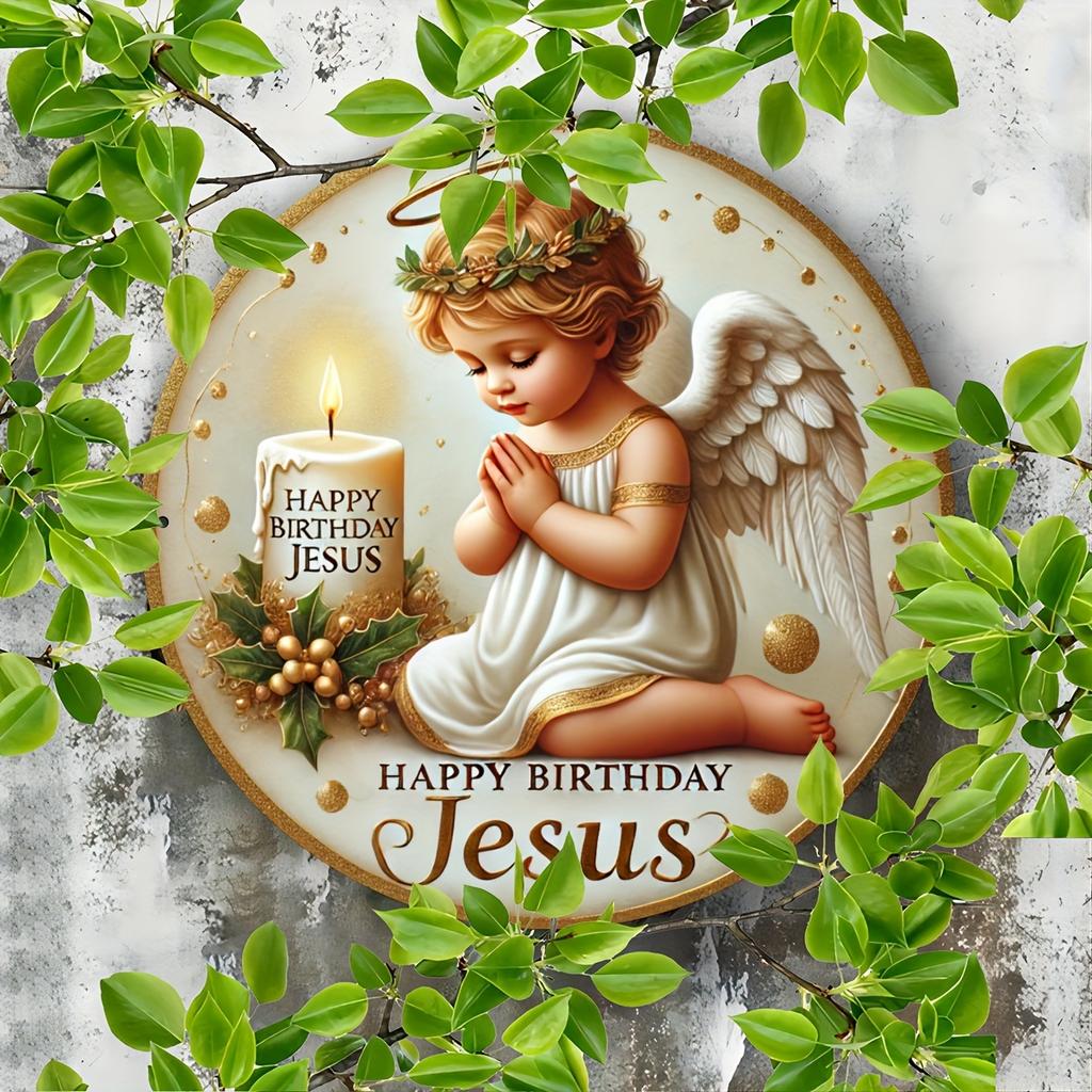 Wooden 1pc Angel Theme "Happy Birthday Jesus" Round 2D Flat Wooden Sign - Wood Decorative Plaque for Door, Wall, Home, Room, Farmhouse, Street, Garage