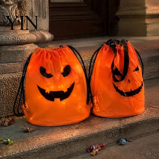 Large Capacity Trick or Treat Pouch LED Drawstring Pumpkin Backpack for Kids, Halloween Light Up Candy Bag with Reinforced Stitching Gift Carrier
