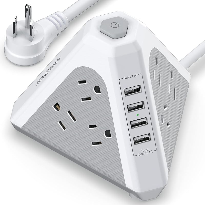 NVEESHOX Power Strip Tower Surge Protector-9 Multiple Outlets 4 USB Charging Ports,3-Side Triangle Outlet Extender Strip with 6.5Ft Long Extension