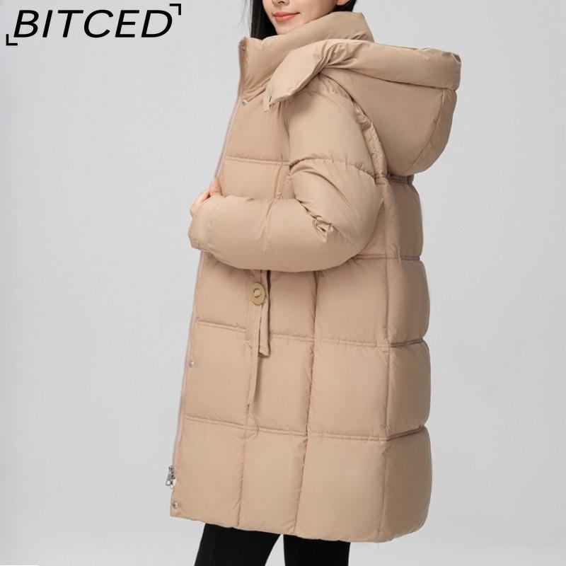 BITCED Fashionable Mid-Length Cotton Coat for Women Trendy Casual Warm-Weather Jacket with Detachable Hood