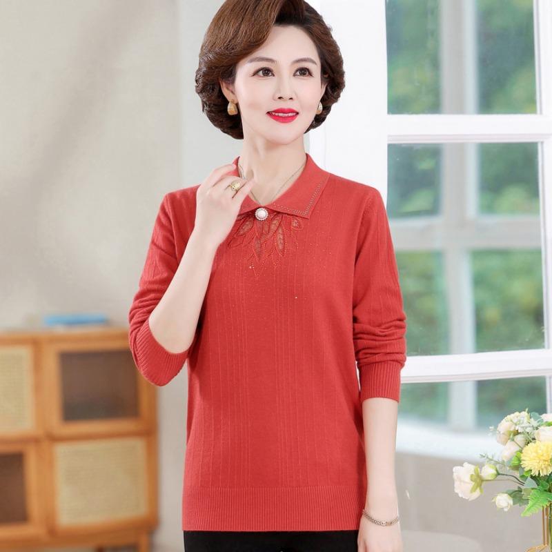 Mom Spring Long-sleeved Top Chinese Manual Translation Collar Knitted Sweater Middle-aged and Elderly Grandma Women's Spring and Autumn Casual Sweater