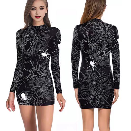 Хэллоуин Женское платье Кровавое пятно Скелет Паук Принт V-образный вырез Медсестра Косплей Длинные рукава Дом с привидениями NPC Костюм для выступлений