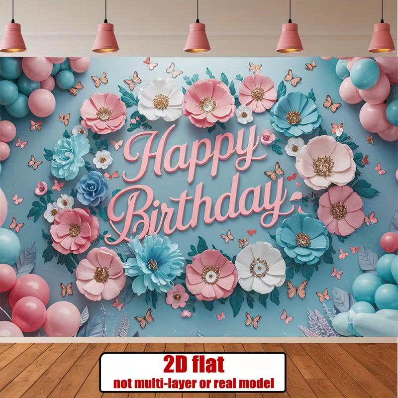 2D Happy Birthday Photography Backdrop, Light Blue Background with Pink Flowers and Butterflies