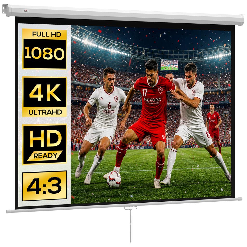 Projection screen, 84-inch 4:3 4K, wall or ceiling mount, 181 x 8 x 138 cm, white