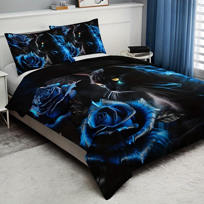 3D Black Cat Blue Rose Bedding Set Floral Animal Duvet Cover Set For Home & Dorm For Halloween