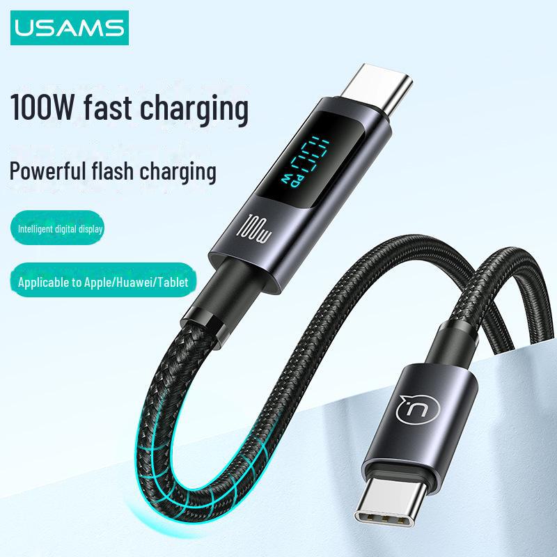 USAMS 100W PD Charging Cable, Compatible with Huawei and 30W Apple Devices, TYPE-C, 66W Capacity, Digital Display.