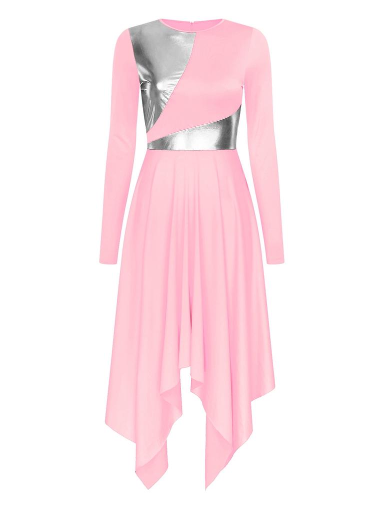 Женское платье для танца поклонения, металлик, цветной блок, длинный рукав, асимметричный подол, литургический костюм для выступления в церкви