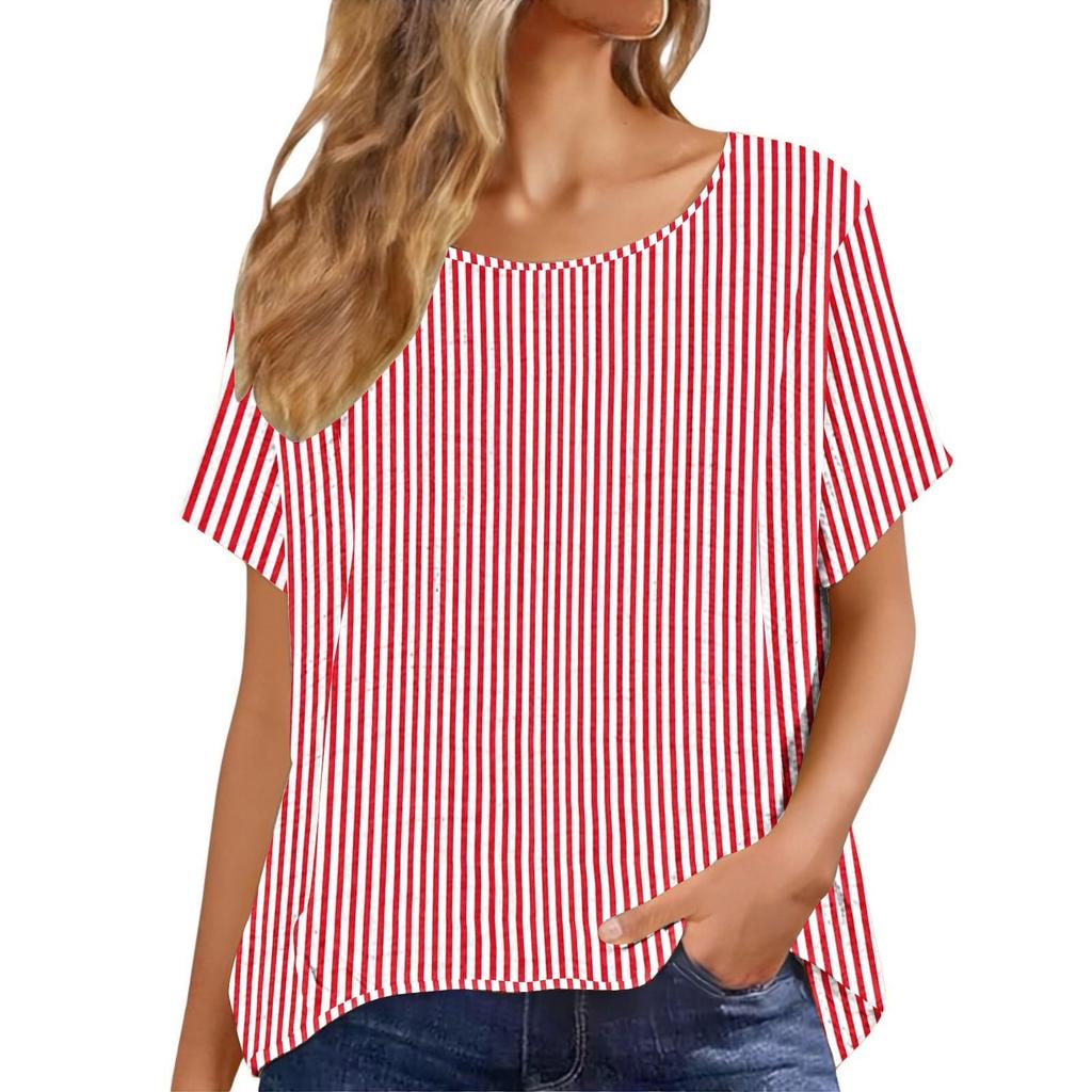 Women's Casual Striped Short Sleeve Top Loose Fit Round Neck Blouse