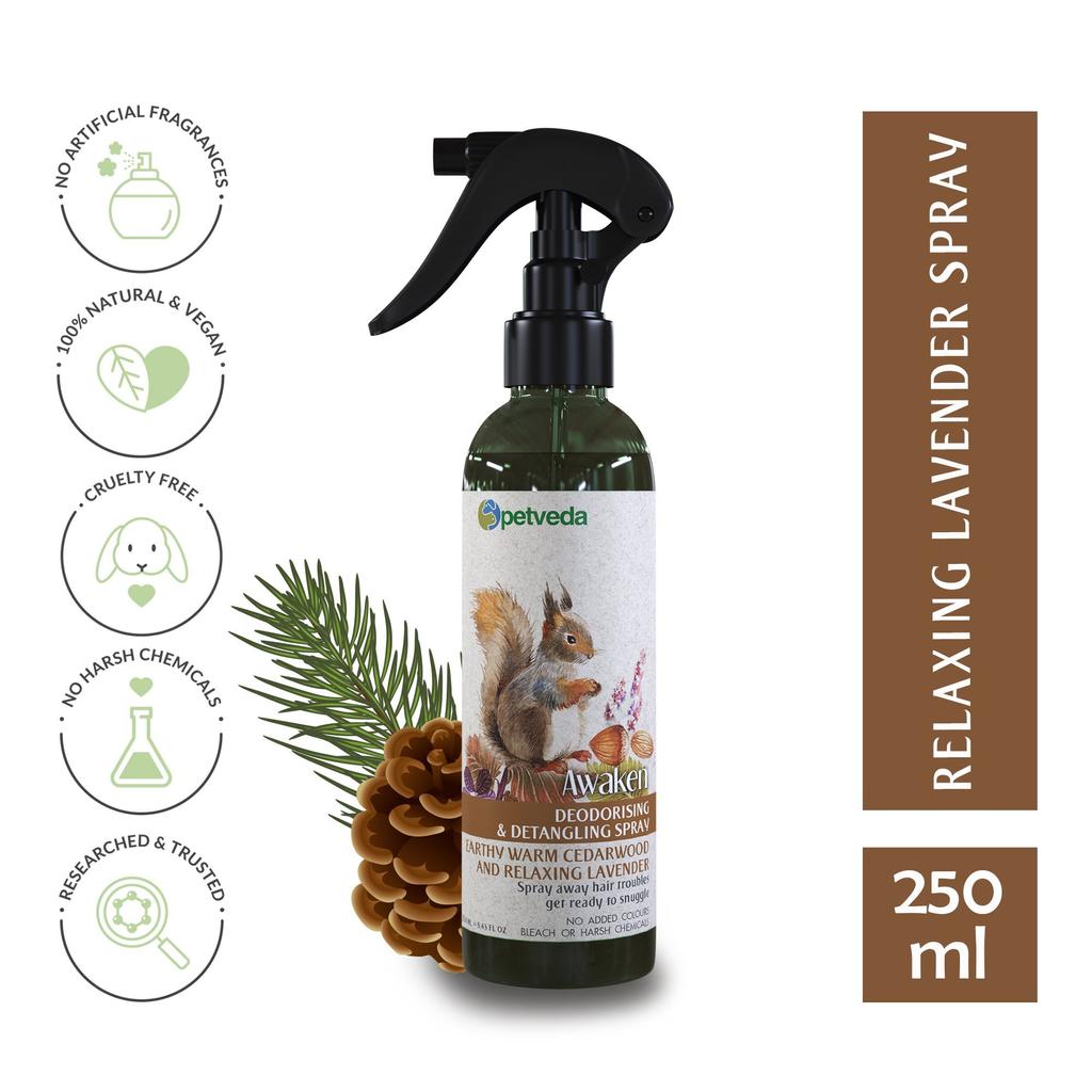 Спрей для шерсти с Кедром: устранение запаха (250 мл), Deodorising & Detangling Spray Earthy Warm Cedarwood,  Petveda