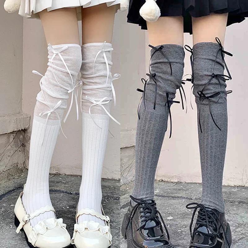 Lolita Long Socks Women Bandage Ribbon Bow Sweet Girls Kawaii Sexy Middle Tube Socks Ballet Style Solid Color Black White Socks