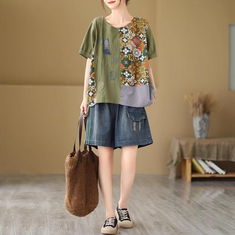 Dimanaf 2024 летние женские футболки больших размеров с цветочным принтом, элегантные лоскутные топы с рукавами, футболки, свободная повседневная льняная рубашка 91688