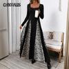 Women's Leopard Patchwork Dress Vintage High Waist Long Sleeve Wide Leg A-Line Dress