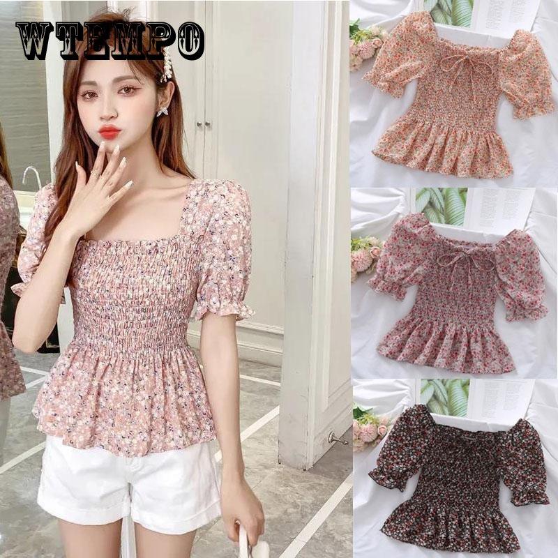 Women's Puff Sleeve Chiffon Shirt Off Shoulder Square Neck T-Shirt Slim Fit Women's Floral Top Womens Blouses