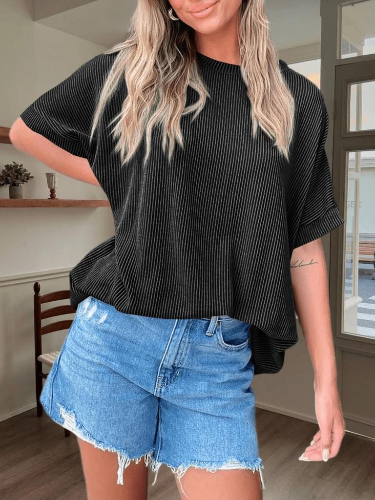 Womens Ribbed Batwing T Shirt Short Sleeve Loose Fit Summer Tunic Top