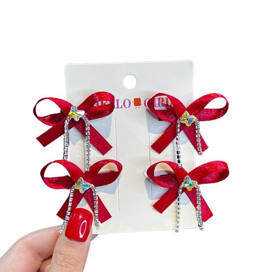 2Pcs Hairpin Soft Ribbon Bowknot Decor Smooth Edges No Hair Pulling Rhinestone Bow Chain Tassels Hair Clip Kids Hair Accessories
