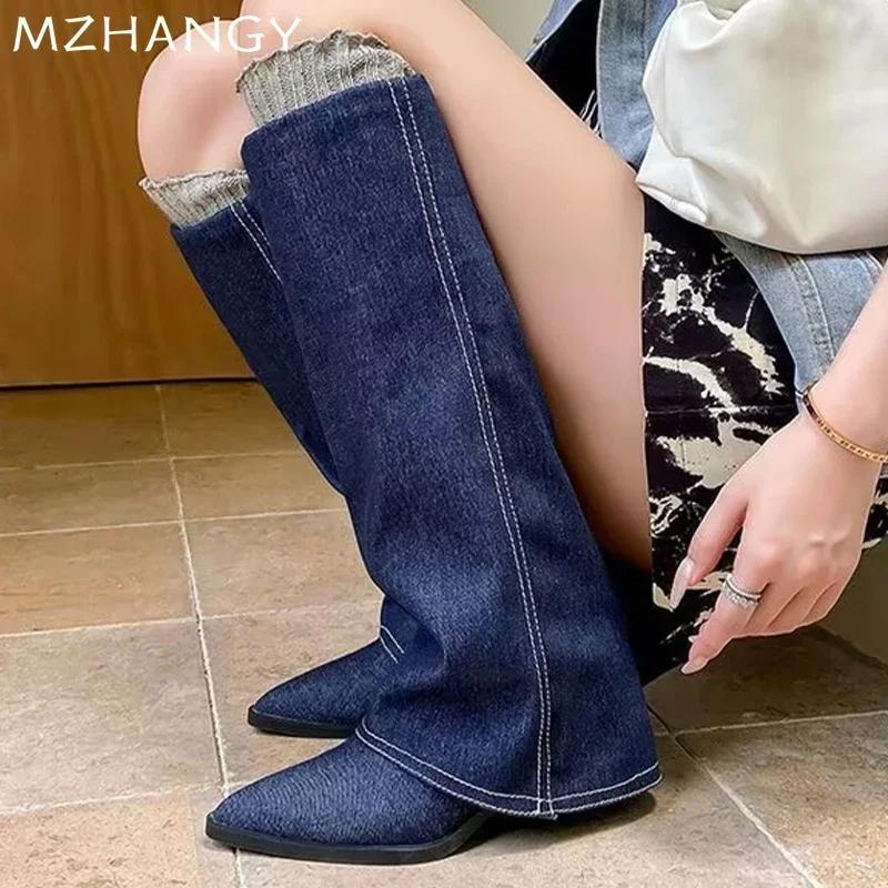 Модные ковбойские женские высокие сапоги с острым носком на каблуках Зимняя модная обувь для женщин 2024 года Трендовые зимние сапоги Элегантные челси женские ботинки