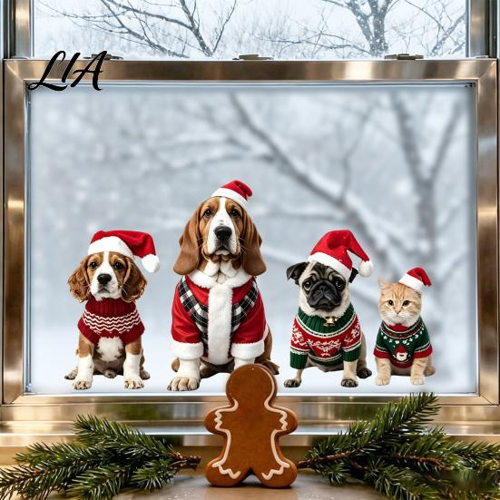 Easy Apply Glass Clings Christmas Pet Static Window Clings, Cute Dogs Cats with Santa Hat Cat Dog Art Decals, Reusable Xmas Festive Decor for