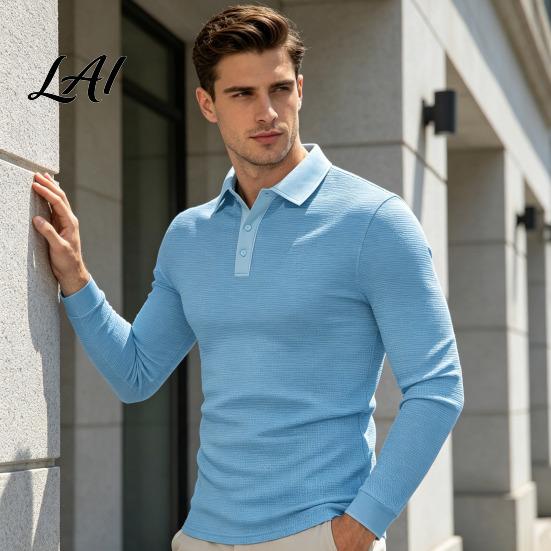 Long Sleeve Golf Wear Men Shirt Turndown Collar Button Neck Formal Office Shirt Solid Color Breathable Pullover Top for Sports Daily Mens
