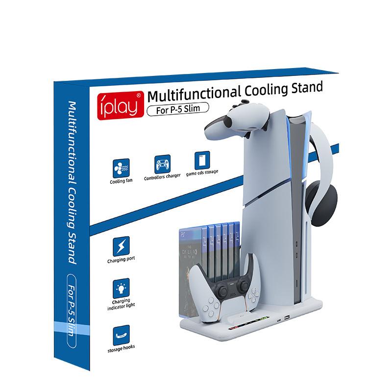 VAORLO Многофункциональная база для отвода тепла для PS5 Slim с двойной зарядкой контроллеров, хранилищем для дисков и подставкой для наушников