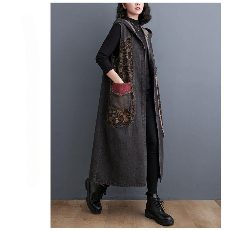 Hooded Long Denim Vest Coat Women's Slim Denim Jacket Retro Style Loose Casual Large Patchwork Pocket Design New Fashion Autumn