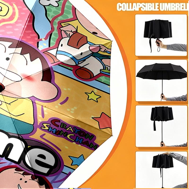 Custom Name Personalized Crayon Shin Print Umbrella, Auto Open Close, 8‑Rib Sturdy Frame, Commute Camping Hiking Use, Birthday Gift