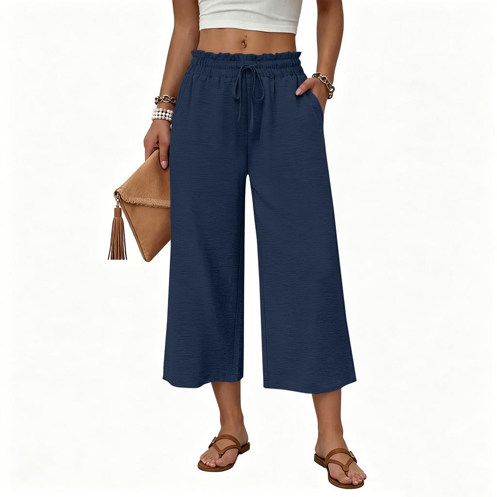 Women's Casual Loose-Fit High-Waisted Cotton-Linen Cropped Pants With Side Pockets