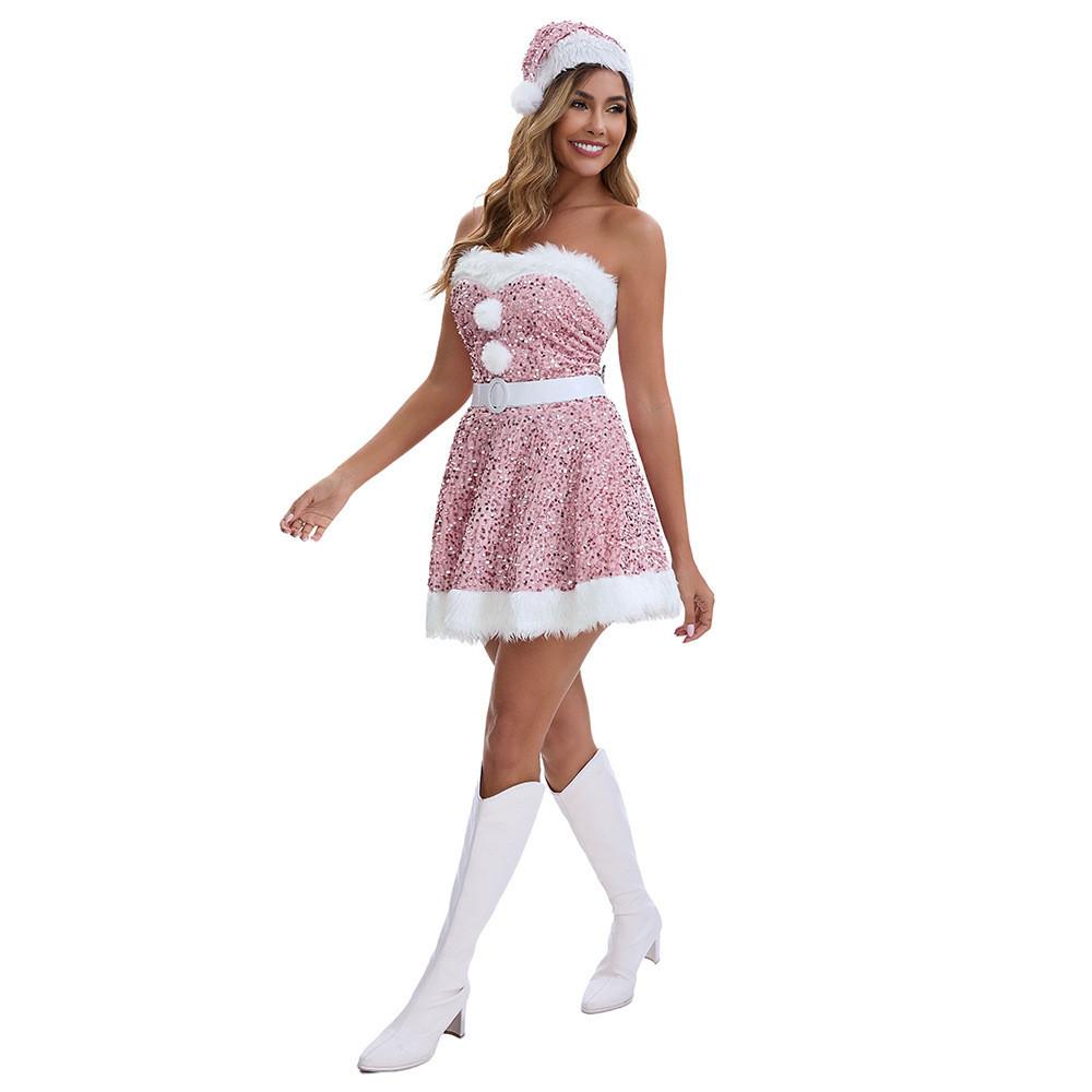 Christmas Sequin Dress With Plush Fabric For Women Holiday Party Attire