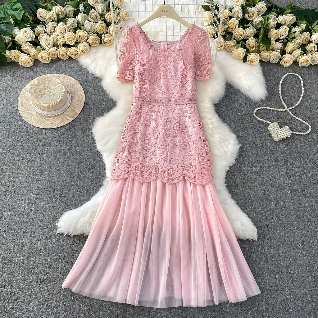 Summer Women Elegant Square Collar Embroidery Flower Lace Mesh Patchwork Long Maxi Slim Bodycon Party Dresses