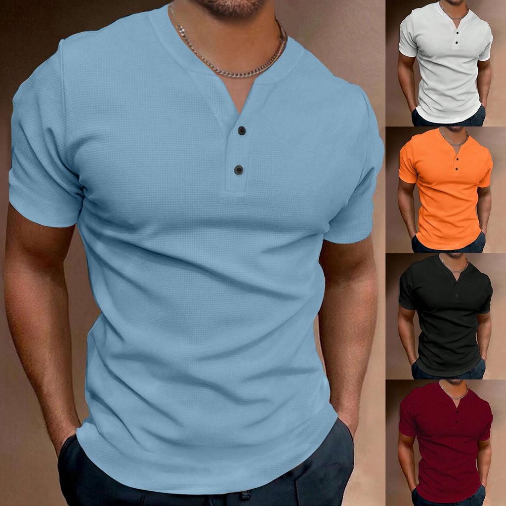 Мужская однотонная рубашка с V-образным вырезом и пуговицами, мужская спортивная рубашка с коротким рукавом