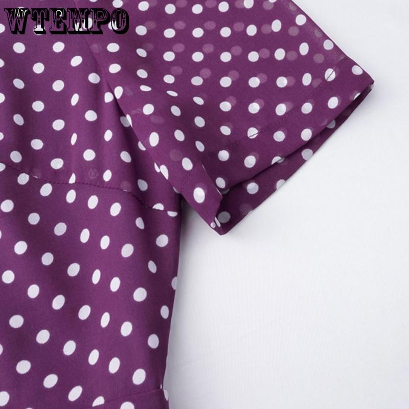 Элегантное темпераментное фиолетовое шифоновое платье в горошек, женские платья трапециевидной формы средней длины с короткими рукавами и талией