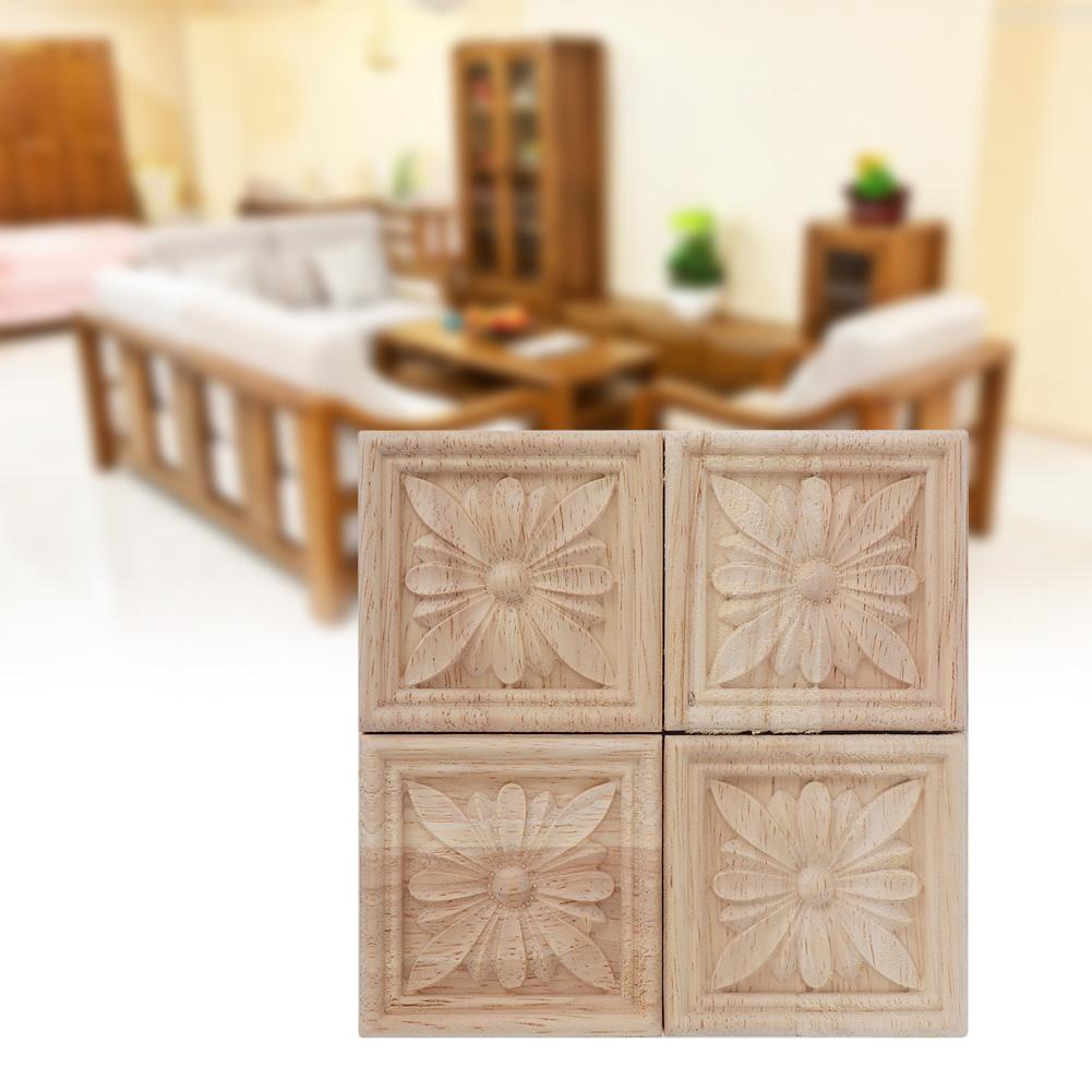 4Pcs Carving Checkered Applique Unpainted Decal for Furniture Decoration (D)