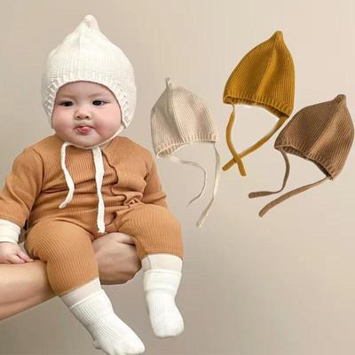 Осень Зима Защита Ушей Детская Шапка Теплая Вязаная Детская Шапка на Завязках Однотонная Шапка Бини для Младенцев Мальчиков Девочек