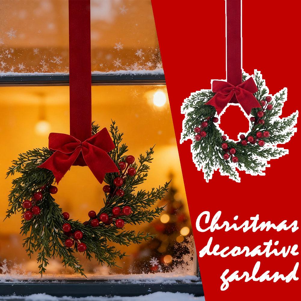 Artificial Christmas Wreath 10 Inch Winter Greenery Wreath Front Door Holiday Porch Wall Decor with Red Berries And Velvet Bow