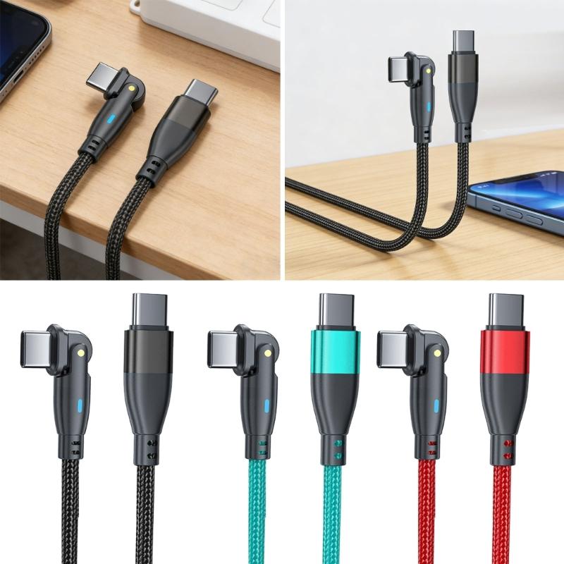 Кабель Type C мощностью 60 Вт со светодиодной подсветкой, оплеткой из нейлона, USB C, для быстрой зарядки, с регулируемыми на 180 градусов головками для удобства