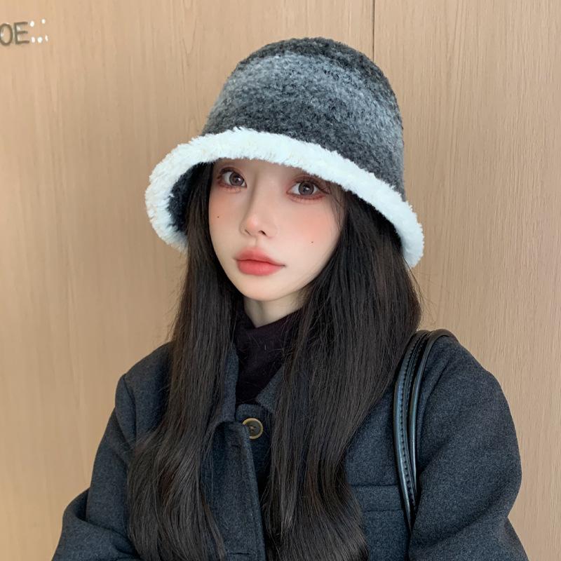 Шапка женская с постепенным изменением цвета, имитация ягненка, панама, допаминовая зимняя теплая плюшевая шапка-тазик