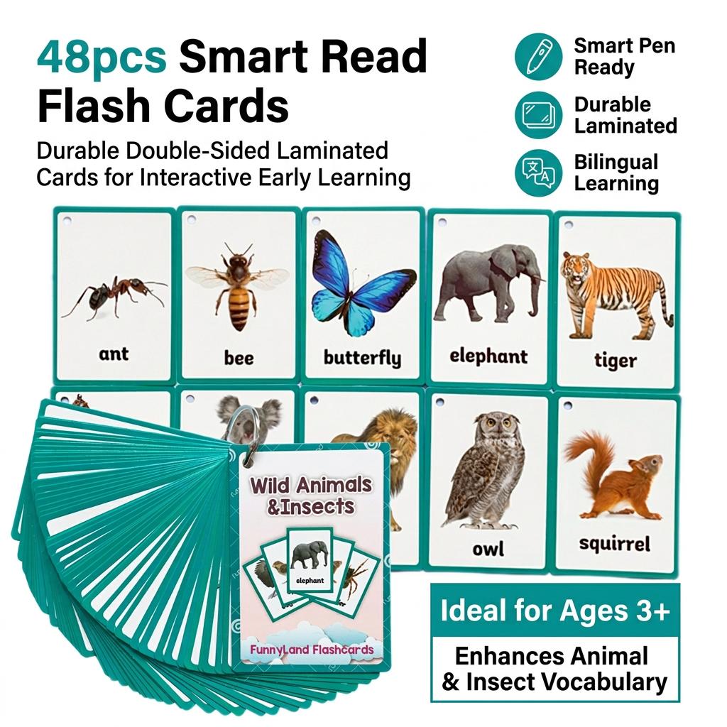 Wildlife Insect Word Flashcards 48Pcs Double-Sided Laminated Point-Reading Early Education Tool for Kids
