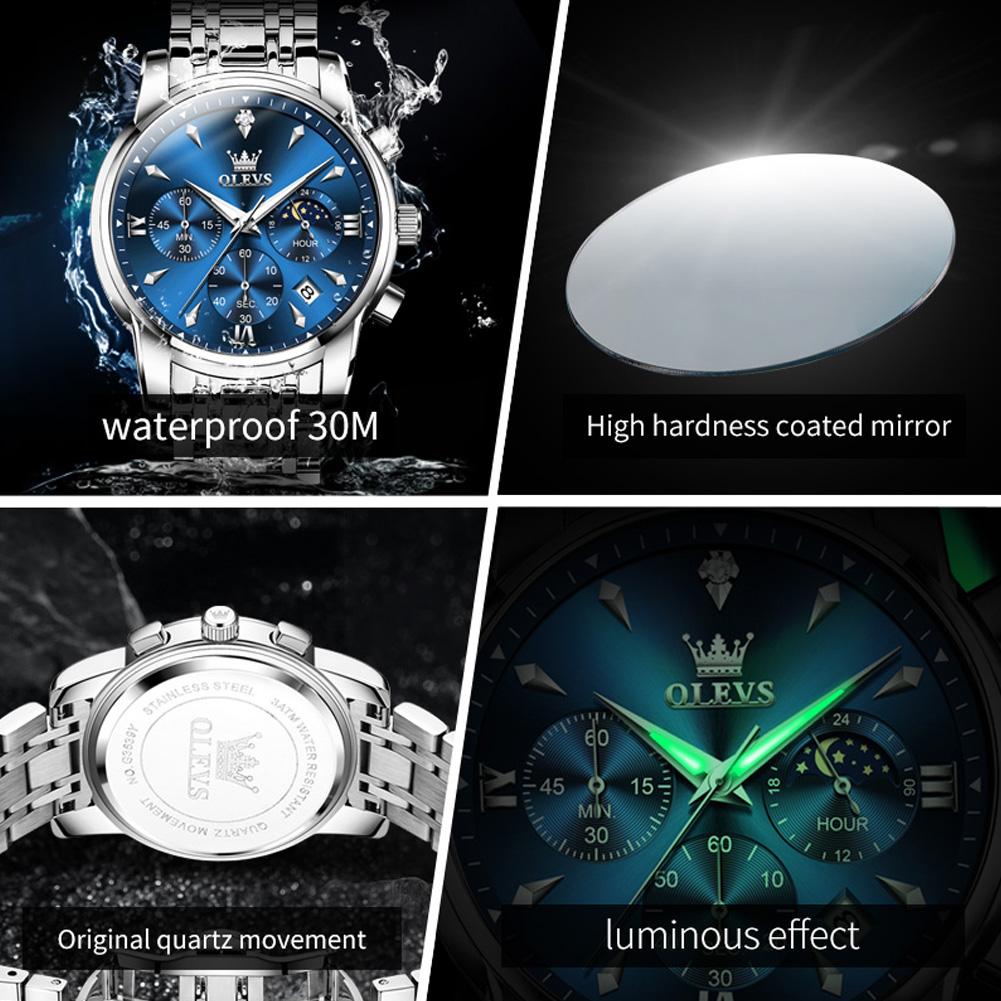Роскошные кварцевые часы-хронограф для мужчин, модные многофункциональные, с фазой Луны, водонепроницаемые, с люминесцентной подсветкой, с датой, деловые мужские часы