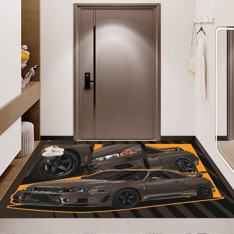 Brown Retro JDM Drift Car Comic Print Area Rug Non‑Slip Rectangular Floor Mat Racing Auto Decor for Gaming Bedroom Living Room
