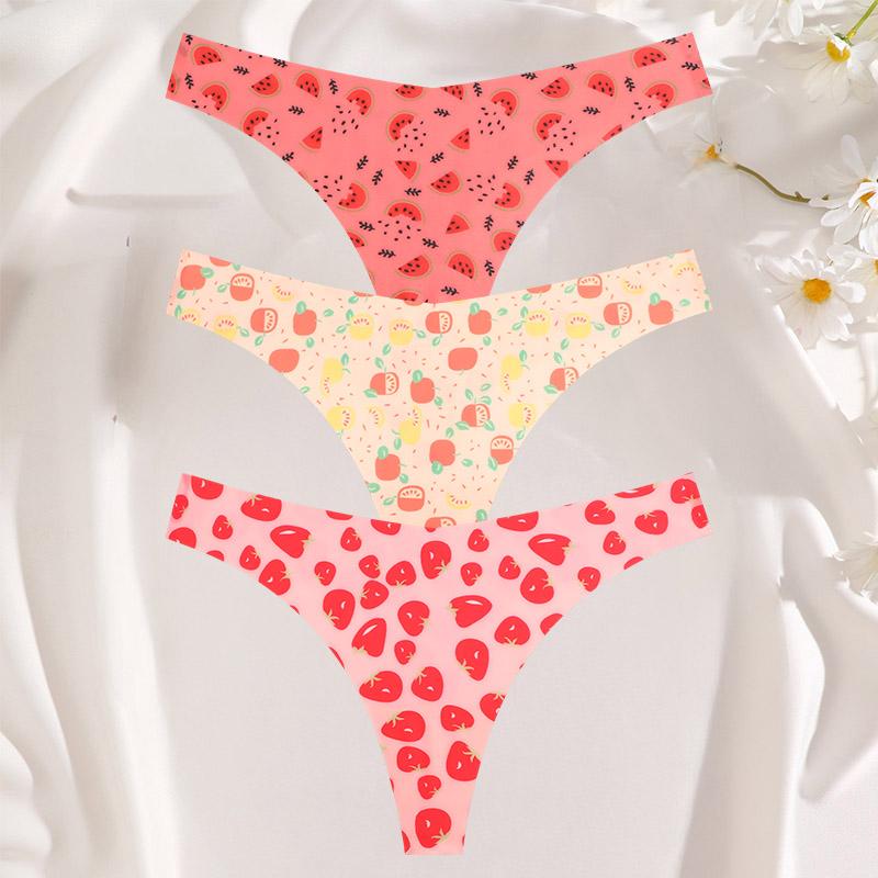 FINETOO 3 шт./компл. сексуальные стринги для женщин из ледяного шелка, цельные бесшовные трусики для девочек, свежее нижнее белье с низкой талией и принтом