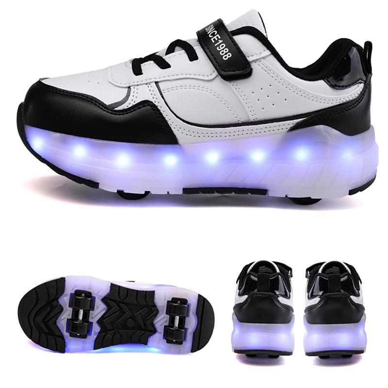 Kid's Lights Sports Shoes Rubbing Shoes Solid Magic Patch Can Charging Double-row Four-wheel Slide Shoes