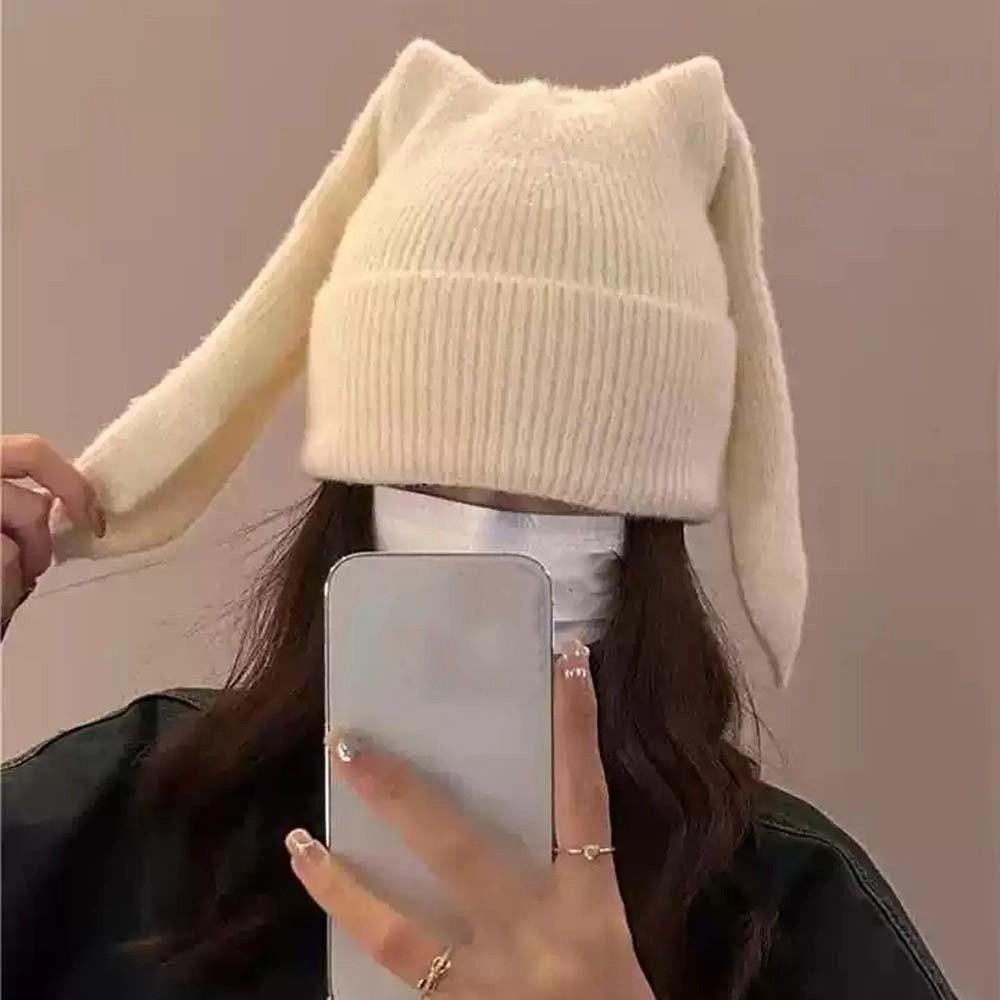 Korean Style Rabbit Ears Cap Trendy Brimless Beanie Hat Personality Bunny Pullover Cap Outdoor