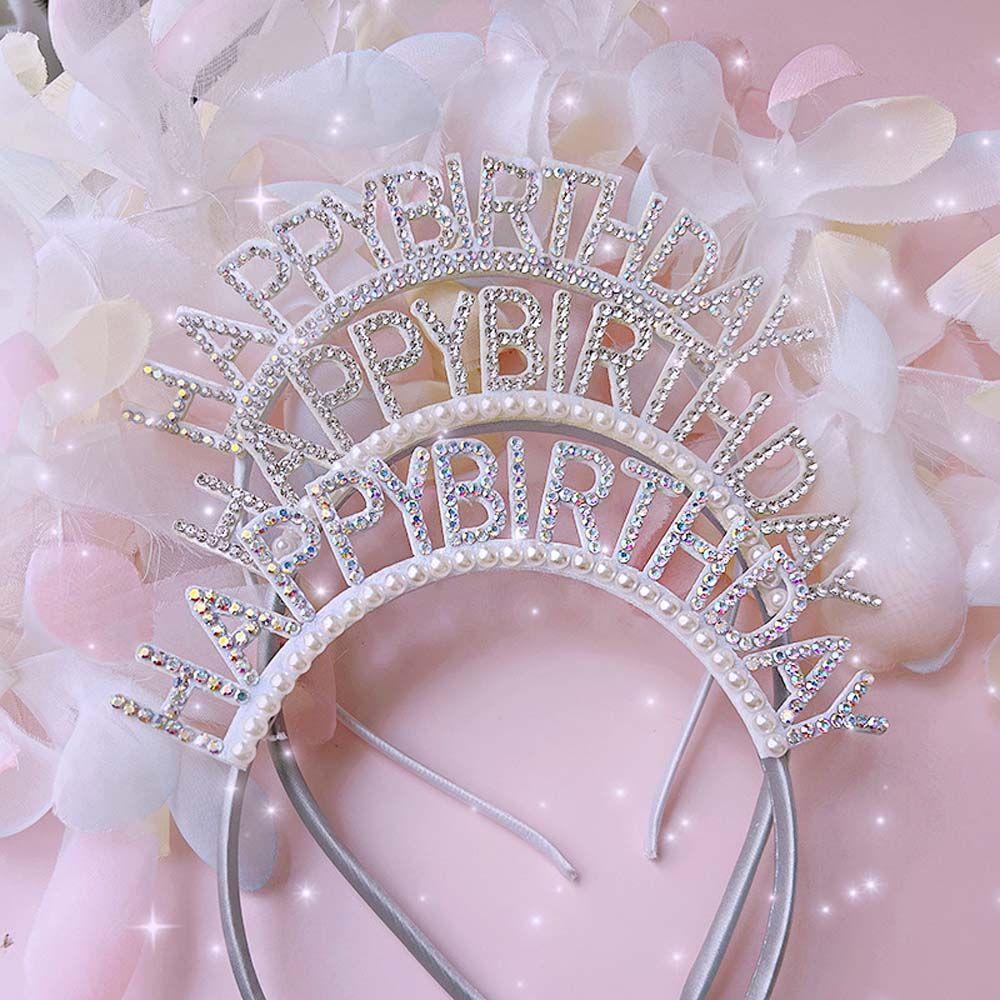 Pearl Zinc Zinc Alloy Queen Letter Birthday Hair Hoop Rhinestone Crown Happy Birthday Headband Female Jewelry