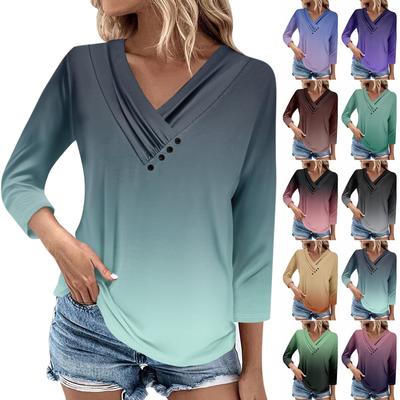 Женские повседневные футболки с рукавом 3/4 для выходных с V-образным вырезом и принтом, свободные плиссированные футболки, женская блузка