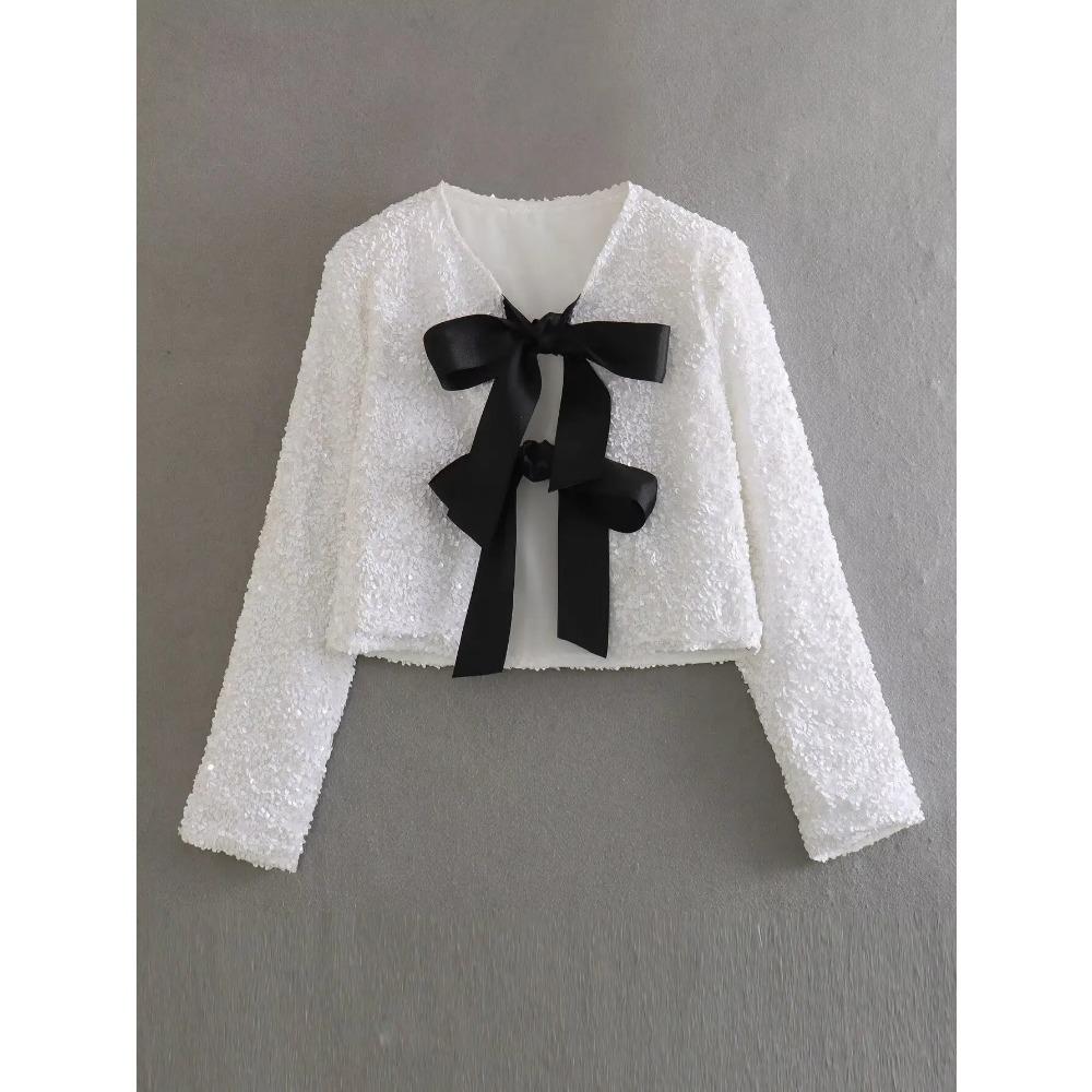 Fashion Holiday Tie-front Sequined Jacket for Women Y2K Shiny Chic Cropped Coat Female Elegant Long Sleeve Lady Party Outerwear