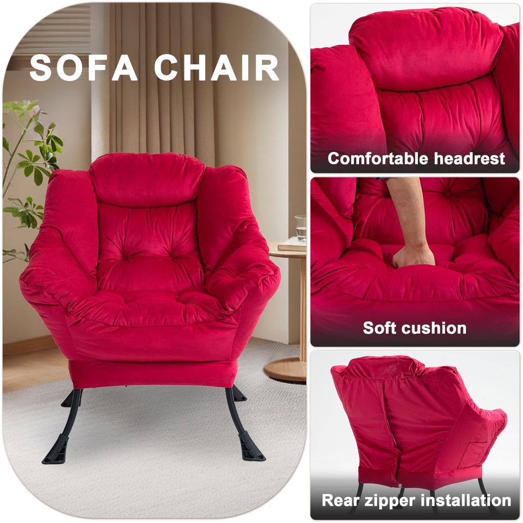 Lazy Chair, Relaxing Chair with Metal Frame and a Side Pocket, Simple Style Comfy Chairs for Bedrooms Living Room Balcony