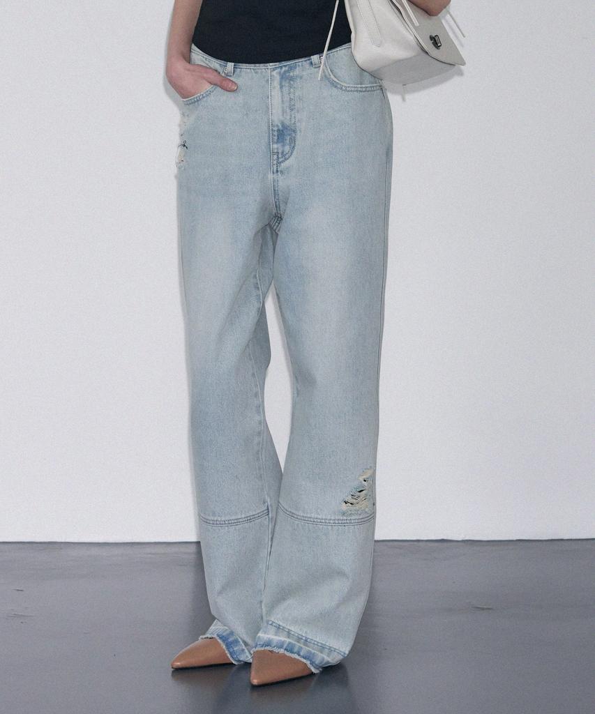 Расклешенные джинсовые брюки Ledeoli, потертые, стираные [Светло-синие]