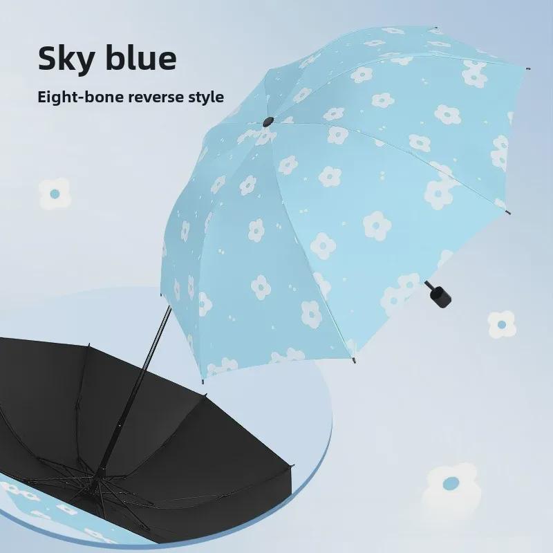 Автоматический женский зонт-цветок двойного назначения: Защита от ветра/дождя и УФ-излучения с тройным складыванием на черном клее.